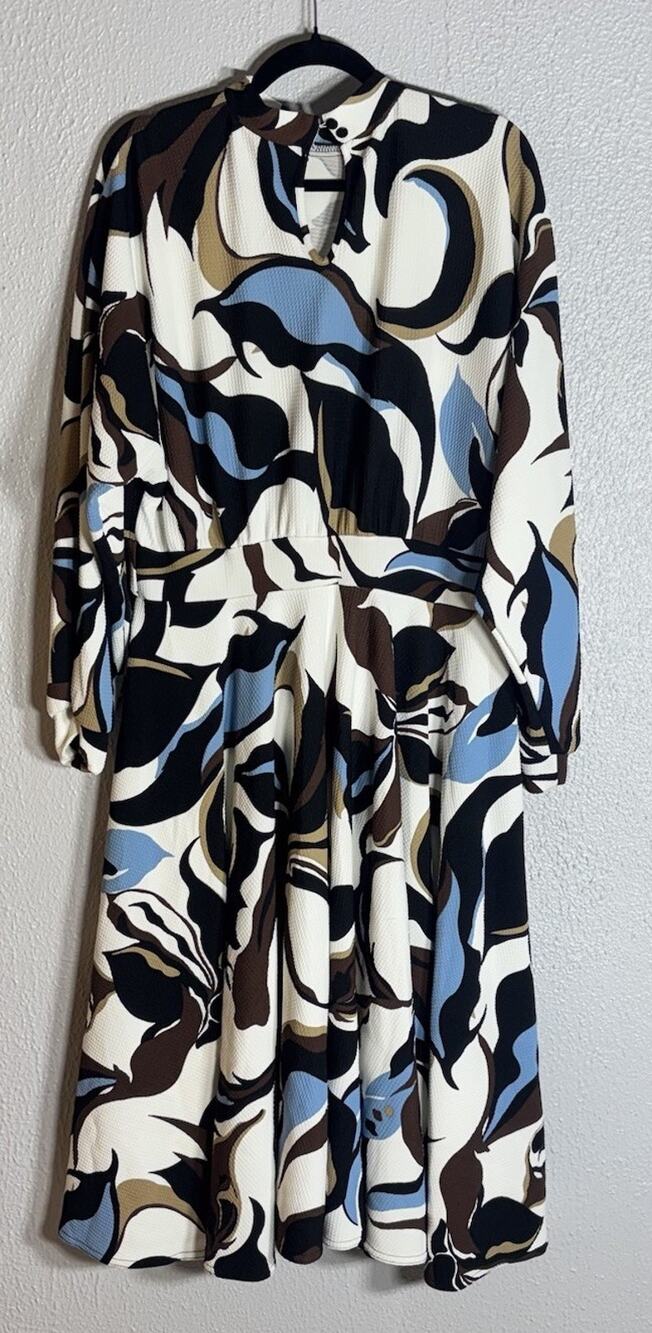 Women's Abstract Print Keyhole Tie Neck Long Sleeve Lightweight Knee Dress